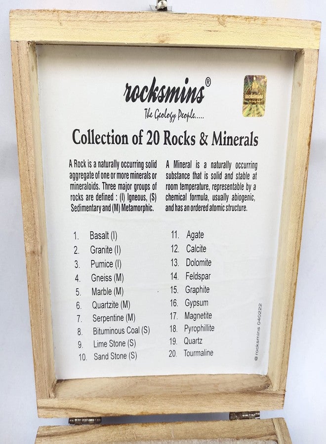 Rocksmins Collection of 20 Rocks & Minerals (10 Rock+10 Mineral) Specimens in Wooden Box for School Education Samples Collections Mineral Memory Activity Geology Great Educational STEM Toys Kids - Image 5